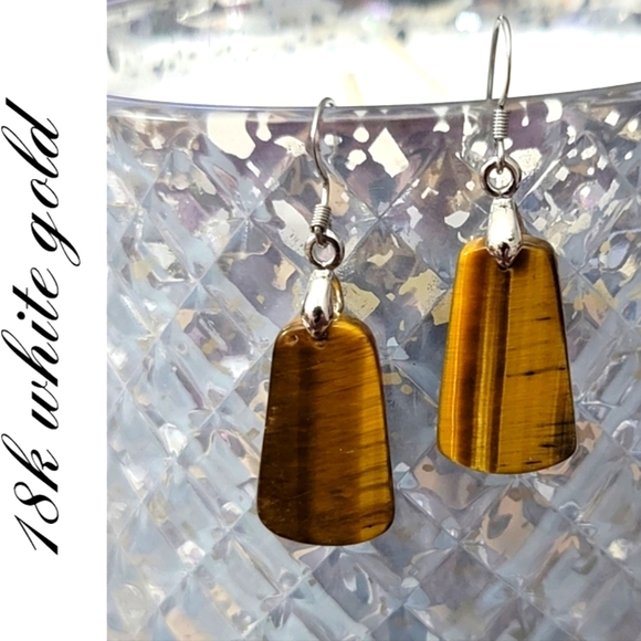 Genuine Tiger's Eye Stone Earrings with 18k White Gold Jewelry Clasp - Picture 10 of 10